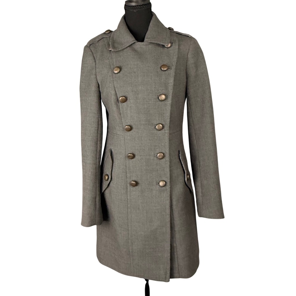French Connection Gray Wool Blend Military Pea Coat Double Breasted Women 10